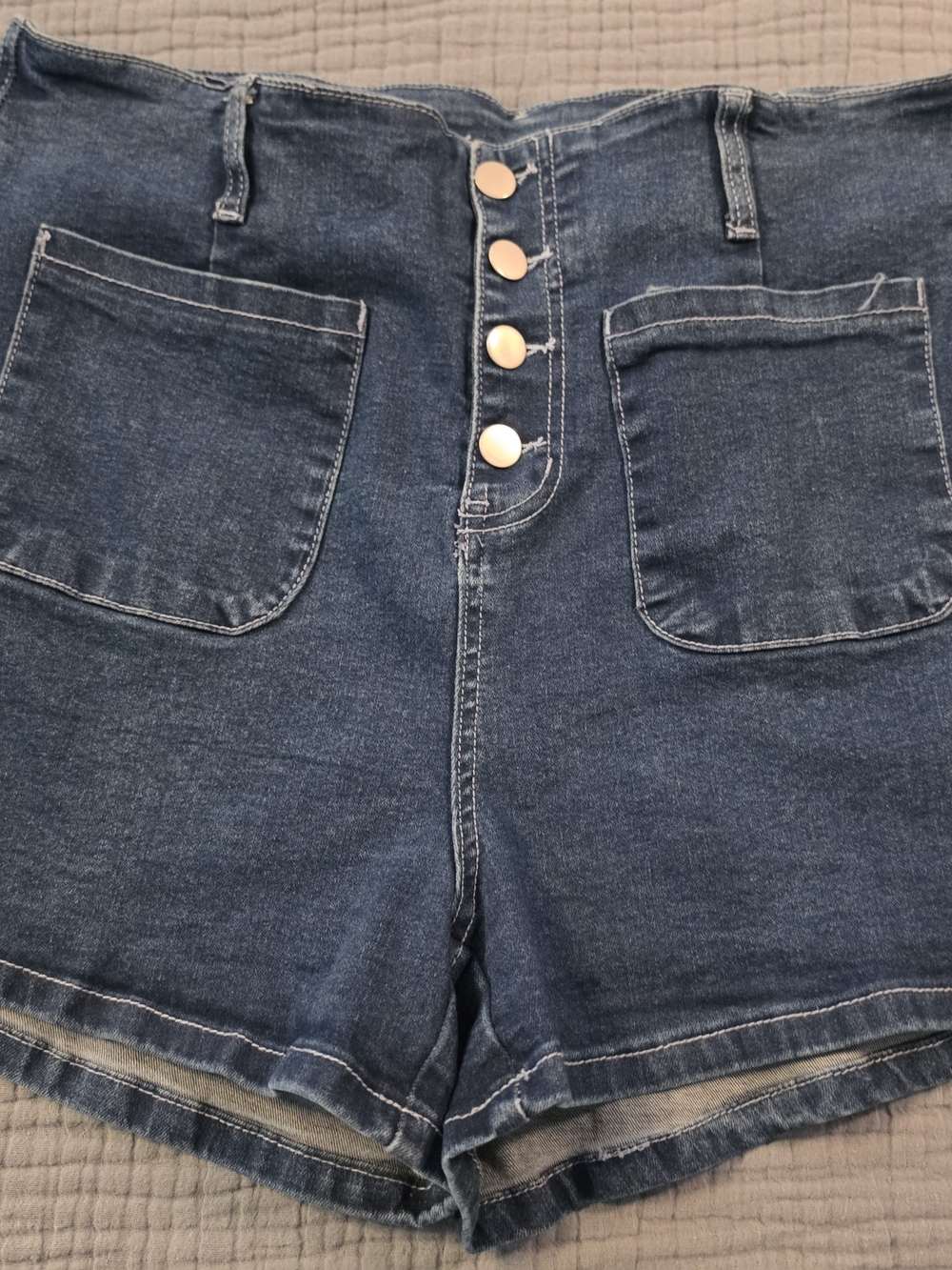 High-Rise Button-Front Denim Shorts in Dark Blue